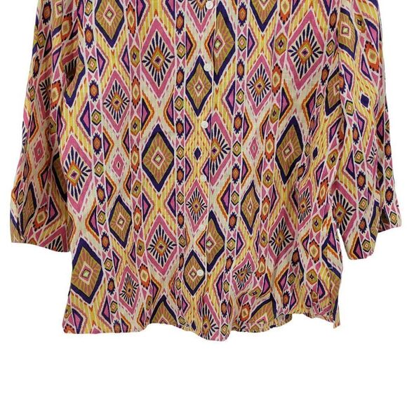 Chico's Top Blouse NO-IRON Ikat Linen Button-Back Shirt Size 2 Pink Southwestern - Picture 10 of 11